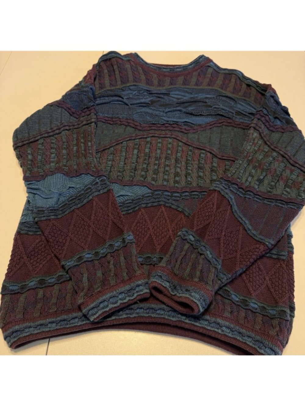 Vtg Tundra Canada 3D Knit Crewneck Sweater Coogi Style Mens XL Maroon Blue - Picture 5 of 8